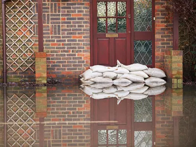 Flooded house with sandbags